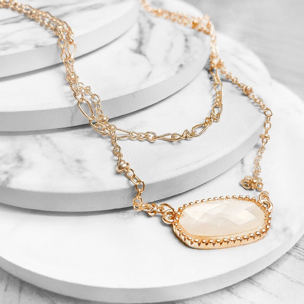 3 PACK: Oval Layered Charm Necklace - Iridescent Mother of Pearl Gem